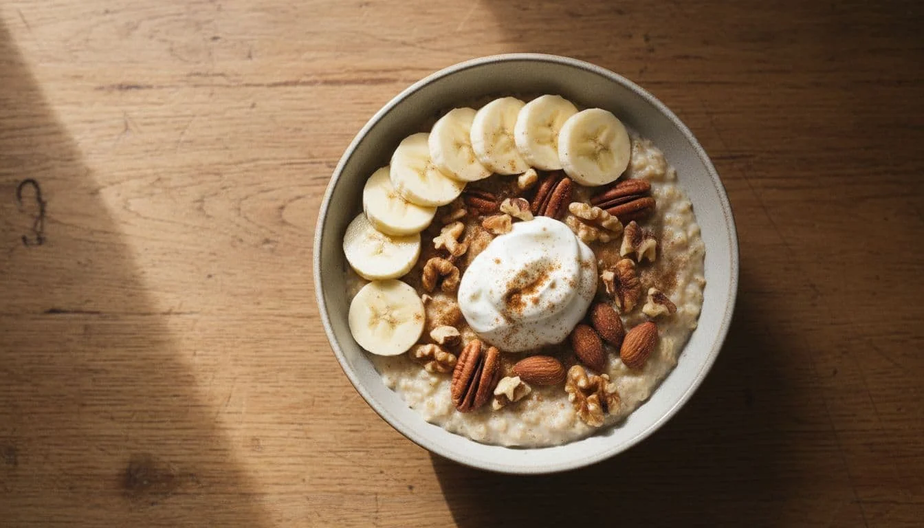 Υδατάνθρακες Πριν το Γυμναστήριο: Ο Σωστός Τρόπος για Καλύτερη Απόδοση 1 One bowl of oatmeal topped with banana slices, nuts, and yogurt on a kitchen table in natural morning light, simple overhead composition, realistic photo.