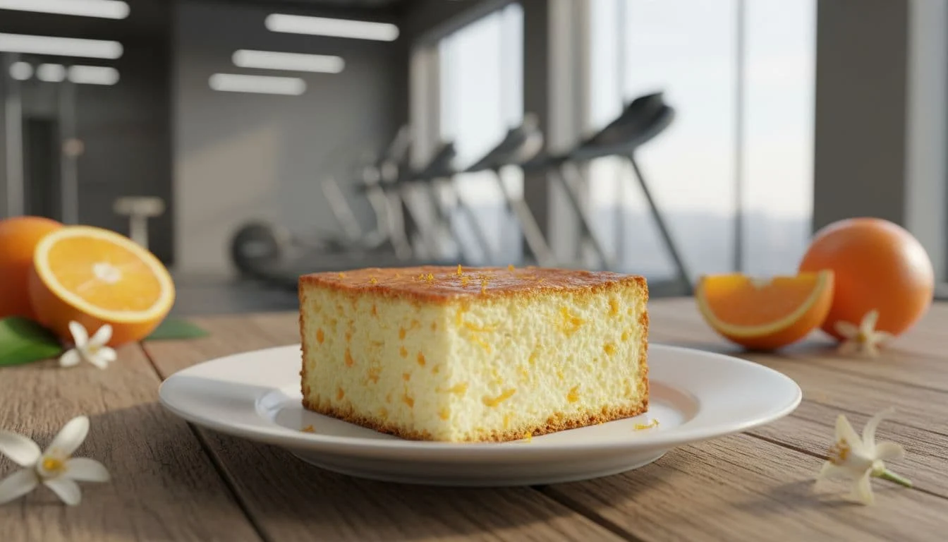 Κέικ πορτοκαλιού με cottage για χορταστικό πρωινό μετά την προπόνηση 1 Single slice of orange cottage cheese cake on white plate with gym background.