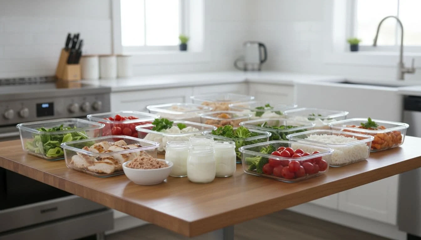Πρόγραμμα διατροφής 2000 θερμίδων με τη νέα διατροφική πυραμίδα 1 Fresh meal prep ingredients like chicken breast, canned tuna, oats, yogurt, broccoli, tomatoes, and rice neatly arranged in tupperware on a kitchen table, ready for the fridge in a bright kitchen with natural light.