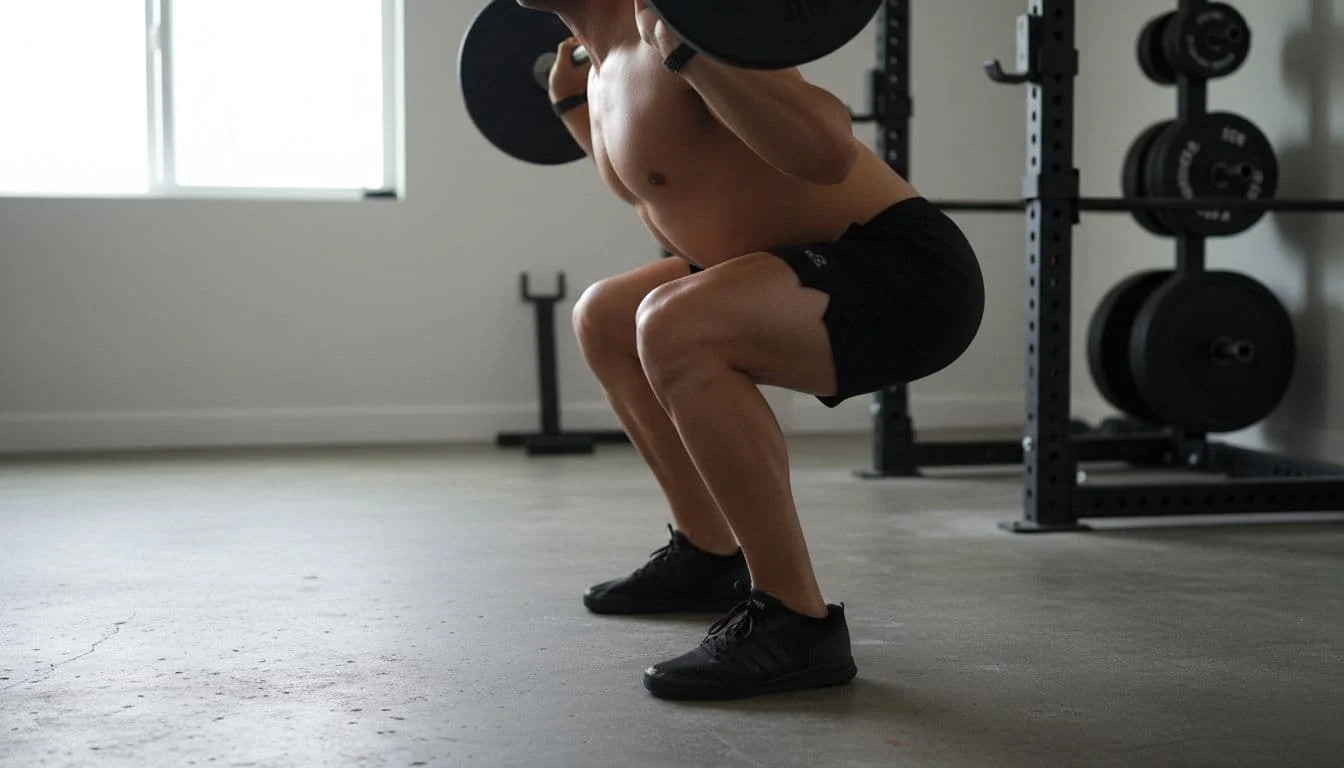 Πρωτεϊνικό Mug Cake Χωρίς Ζάχαρη για Γράμμωση και Γρήγορο Snack 2 Side view of fit person performing barbell back squat to parallel with proper form in home gym.