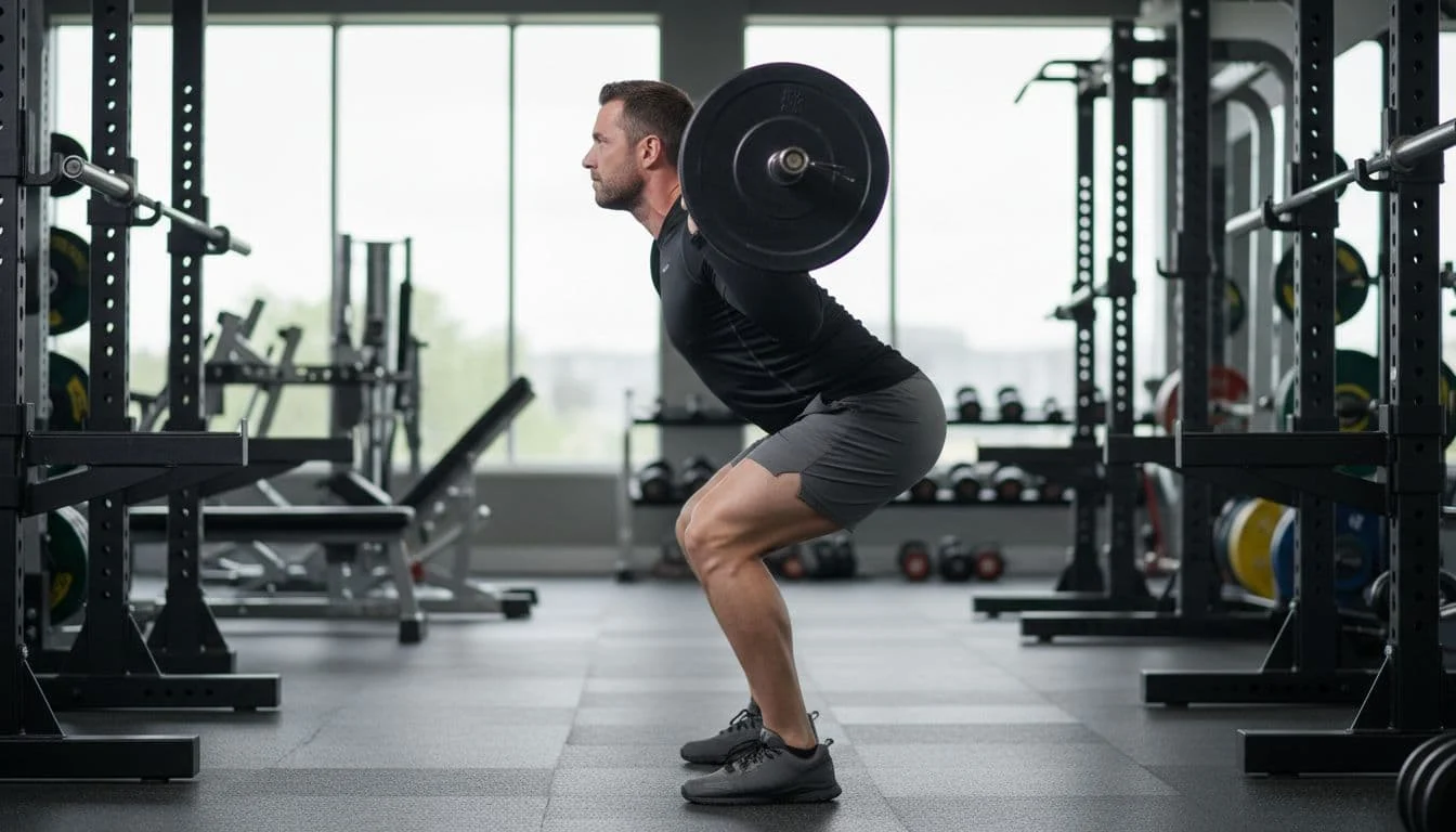 Mounjaro vs Ozempic: τι αλλάζει σε γράμμωση, διατροφή και προπόνηση 2 A male athlete in his 30s performs barbell back squats with perfect form in a modern gym, captured from side profile with feet shoulder-width, bar on upper back, parallel depth, knees over toes, neutral spine, and focused expression amid blurred equipment.