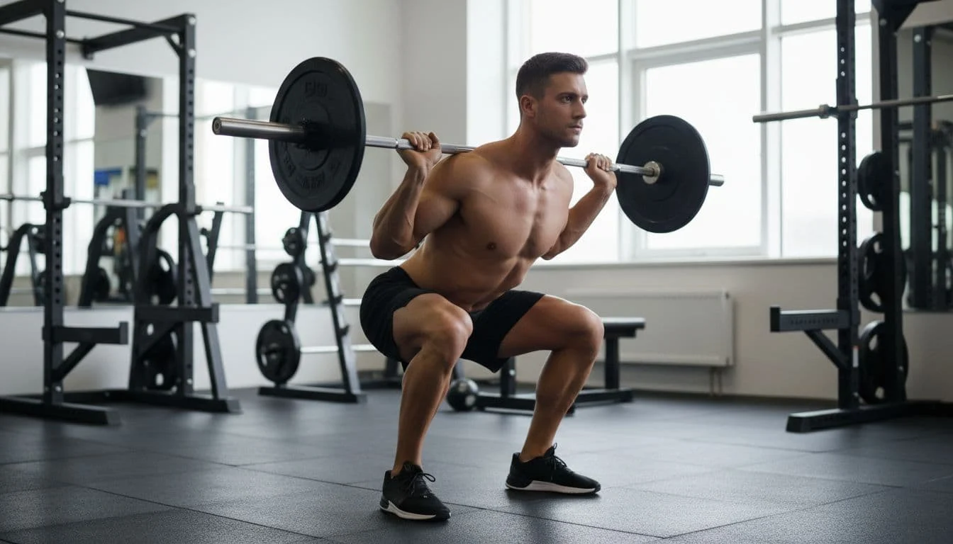 Πρόγραμμα διατροφής 2000 θερμίδων με τη νέα διατροφική πυραμίδα 2 A single person performing a full-body squat with correct technique in a bright gym, straight back, knees out, focus on legs and core, hands relaxed on barbell.