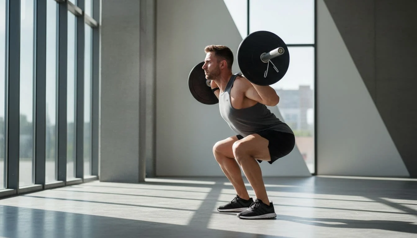 Γιαούρτι με isolate πρωτεΐνη για γράμμωση και meal prep 3 Side view of fit person in gym wear performing barbell squat with straight back and knees over toes in modern gym.