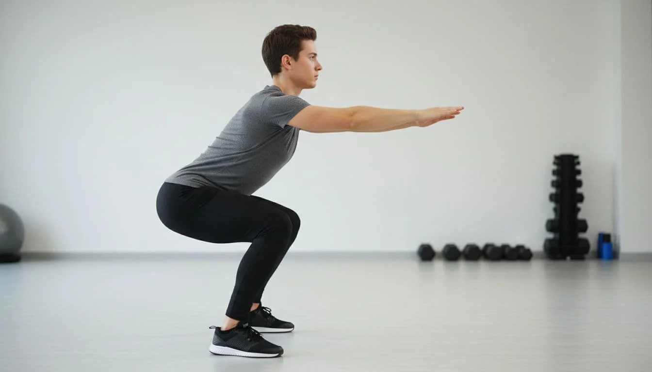 Τι να Κάνεις την Πρώτη Μέρα στο Γυμναστήριο 2 Side profile of an athletic beginner performing a bodyweight squat with correct form: knees over toes, straight back, arms forward for balance, in a gym with minimal equipment and bright lighting.