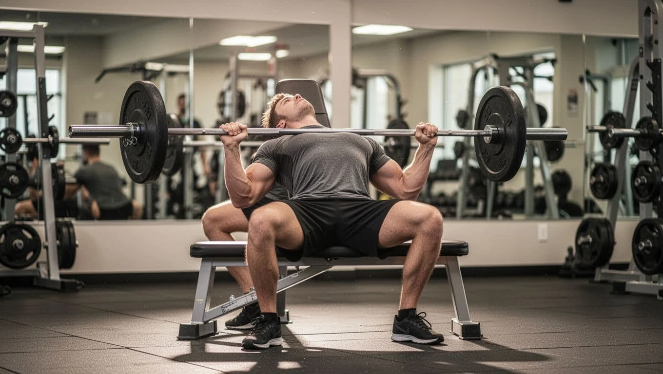 Full Body Πρόγραμμα για Αρχάριους: Προπόνηση και Διατροφή 2 Side profile view of one person performing bench press with barbell on a flat bench in a gym, emphasizing controlled movement, stable shoulders, and proper form with feet planted.