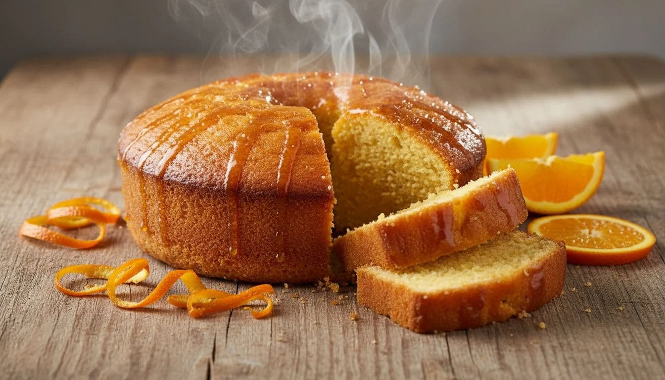 Κέικ πορτοκαλιού χαμηλών θερμίδων: σιμιγδάλι ή αλεύρι ολικής; 1 Sliced freshly baked orange semolina cake with moist interior and zest, steaming on wooden table beside orange peels.