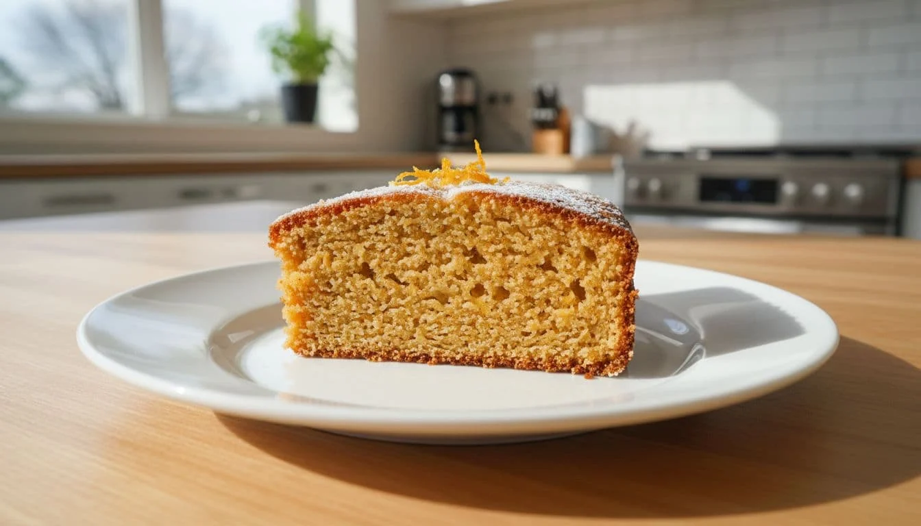 Fit κέικ πορτοκαλιού χωρίς ζάχαρη με whey και βρώμη 1 Single slice of sugar-free orange protein cake on white plate in bright kitchen, top view.