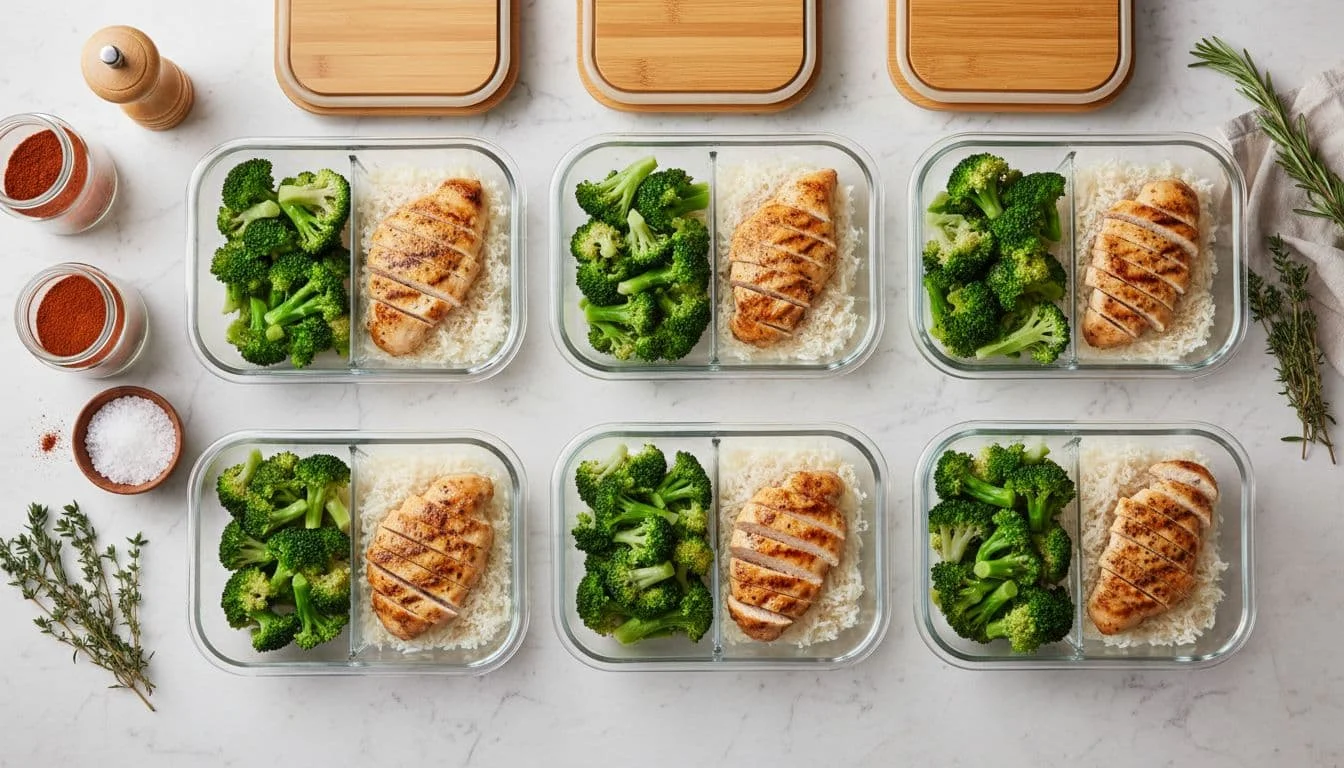 Τι να Κάνεις την Πρώτη Μέρα στο Γυμναστήριο 3 Top view of meal prep containers on a kitchen counter filled with grilled chicken breast, steamed broccoli, and cooked rice portions, with fresh ingredients like spices and oil nearby.