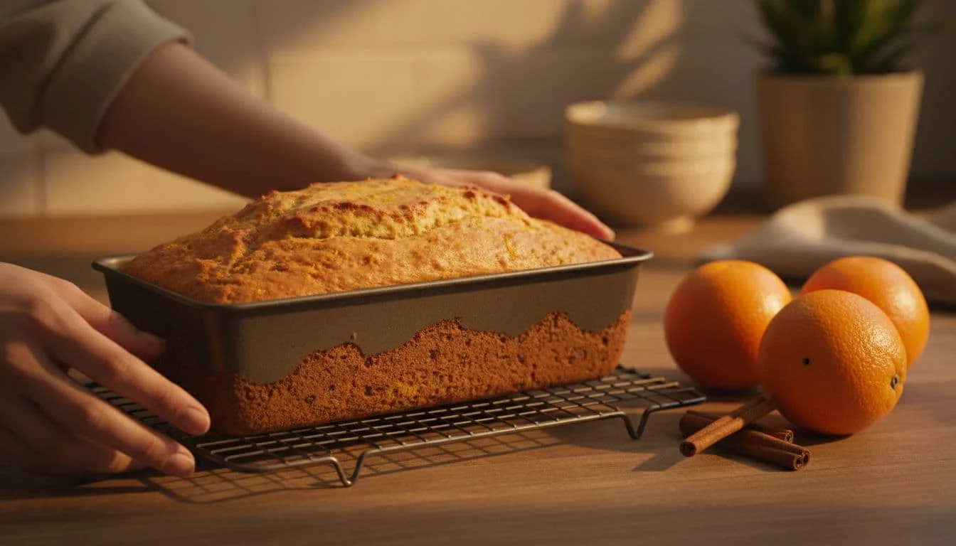 Κέικ πορτοκαλιού χαμηλών θερμίδων: σιμιγδάλι ή αλεύρι ολικής; 2 Fluffy moist orange cake in tray beside fresh oranges, cinnamon, and resting hands.