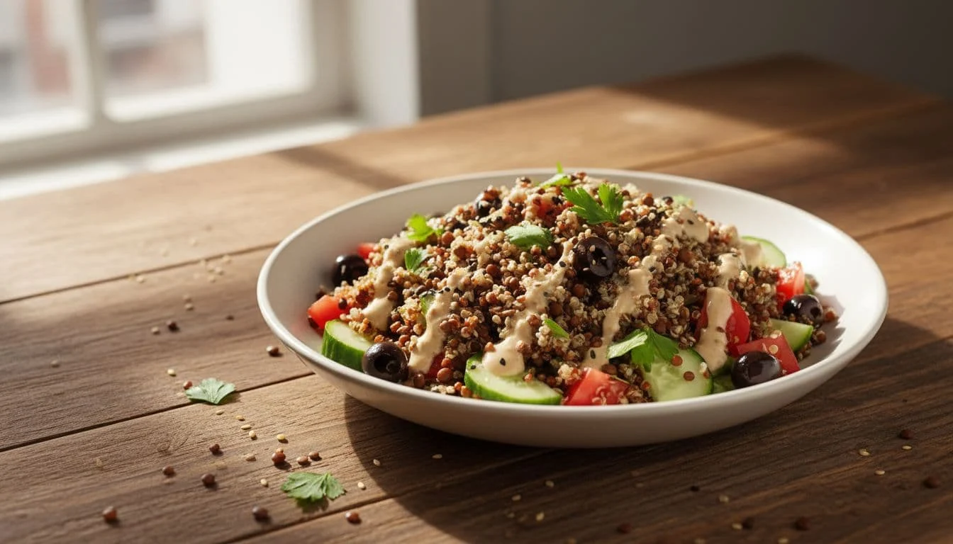 Νηστίσιμες πρωτεϊνικές συνταγές για γράμμωση και εύκολο meal prep 1 A single plate of high-protein vegan lentil salad with quinoa, tomatoes, cucumber, olives, and tahini dressing on a wooden table under bright natural light.