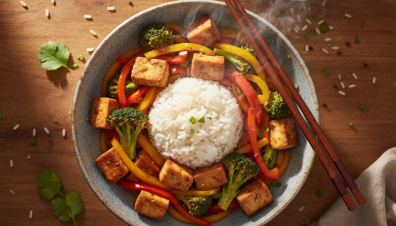 Εύκολες Νηστίσιμες Συνταγές Πρωτεΐνης για Καθημερινή Γράμμωση 3 Tofu stir-fry featuring broccoli, peppers, and soy sauce served in a bowl with rice, a high-protein vegan fasting dish captured from above with steam rising under warm kitchen lighting in realistic style.