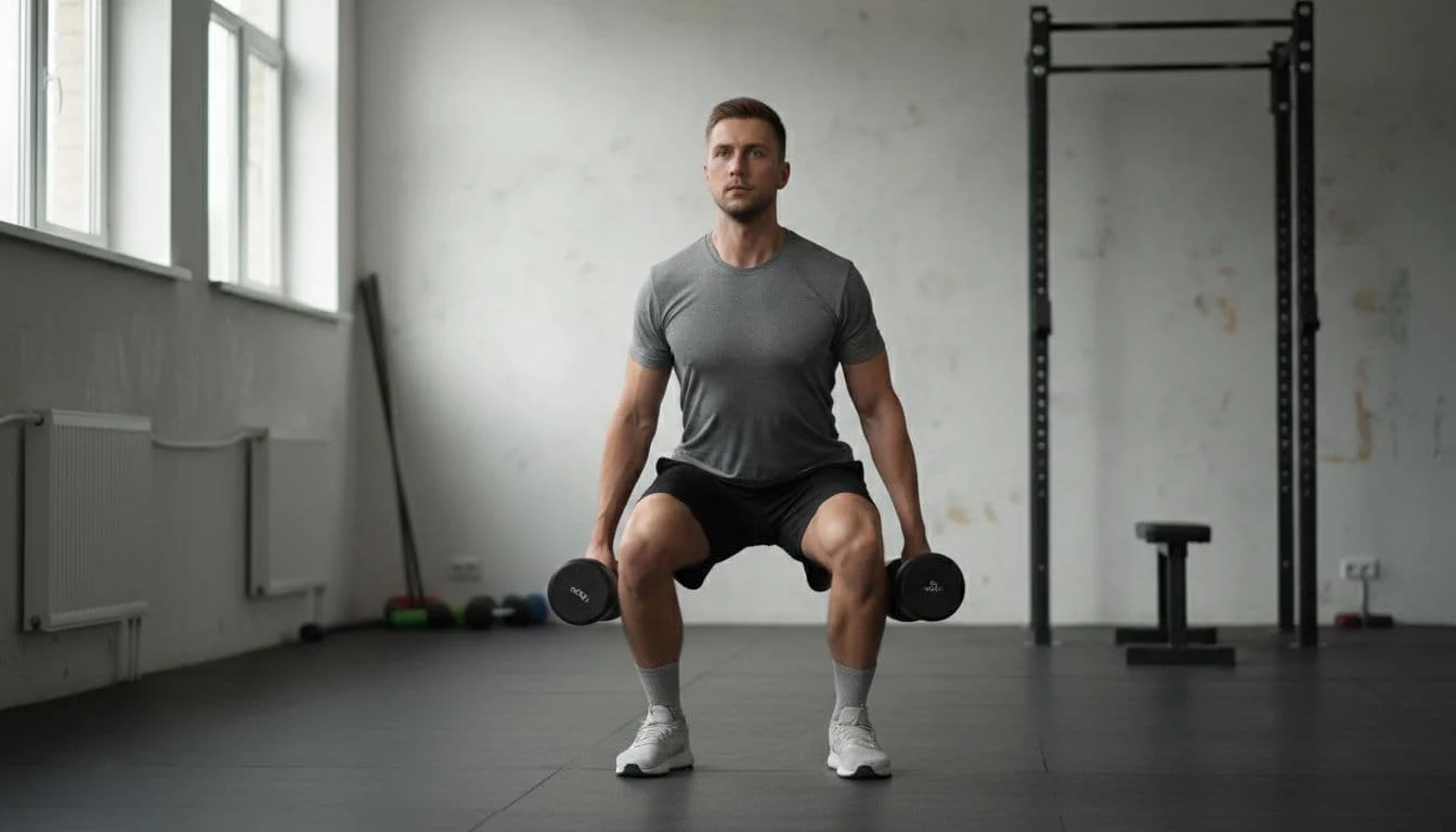 Fitness Συνταγή: Ψητές Πατάτες με Κοτόπουλο και Μπρόκολο 3 Person performs full-body dumbbell squat in simple gym with straight back and relaxed hands.