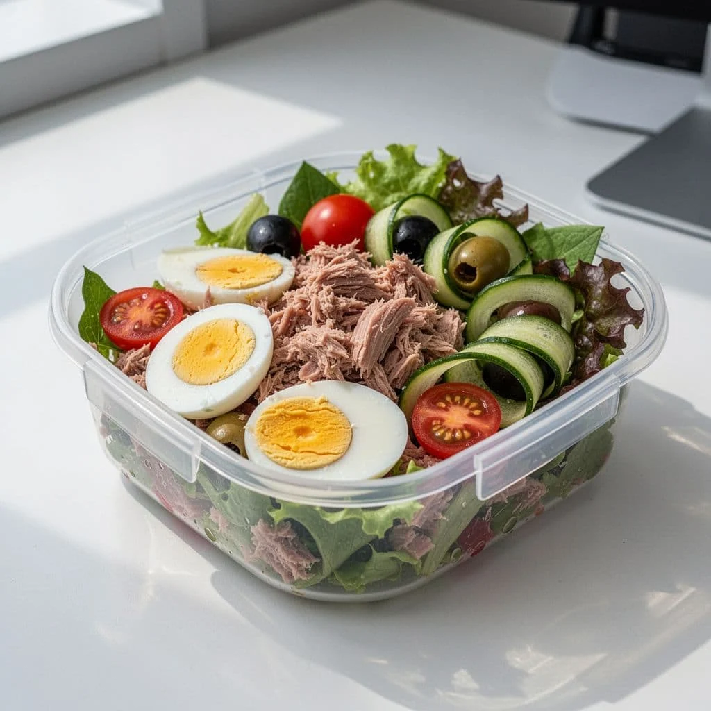 High-Protein Γεύματα για το Γραφείο με Meal Prep και Απλές Συνταγές 3 Portable container with tuna salad, boiled eggs, cherry tomatoes, cucumber slices, olives, and greens.
