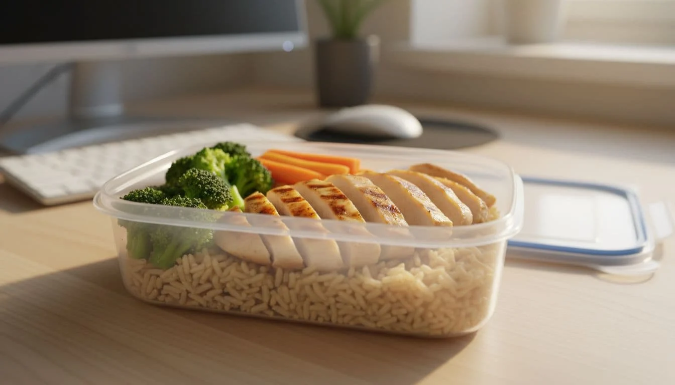 High-Protein Γεύματα για το Γραφείο με Meal Prep και Απλές Συνταγές 2 Grilled chicken breast slices, brown rice, steamed broccoli and carrots on a plate in a lunch box with blurred office desk.
