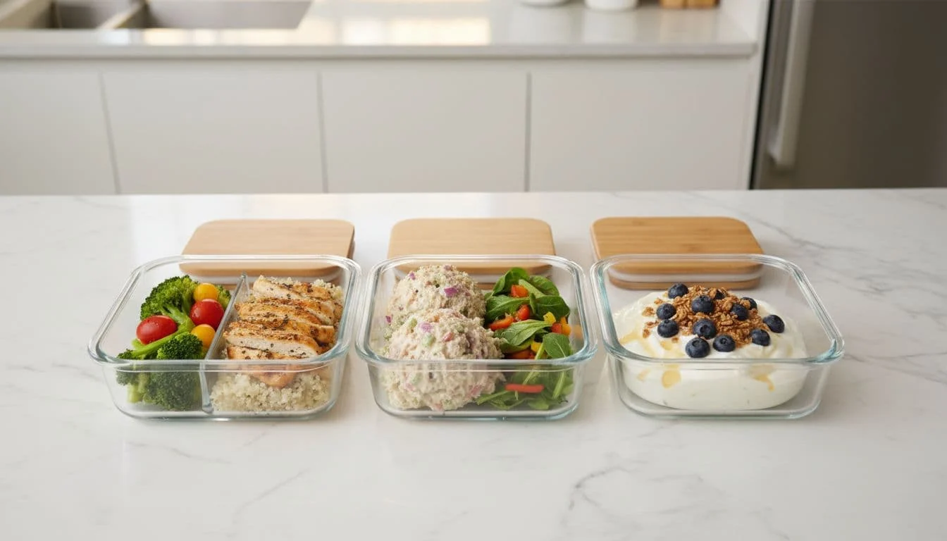 High-Protein Γεύματα για το Γραφείο με Meal Prep και Απλές Συνταγές 1 Three containers on kitchen counter hold grilled chicken with quinoa and vegetables, tuna salad, and yogurt bowls.