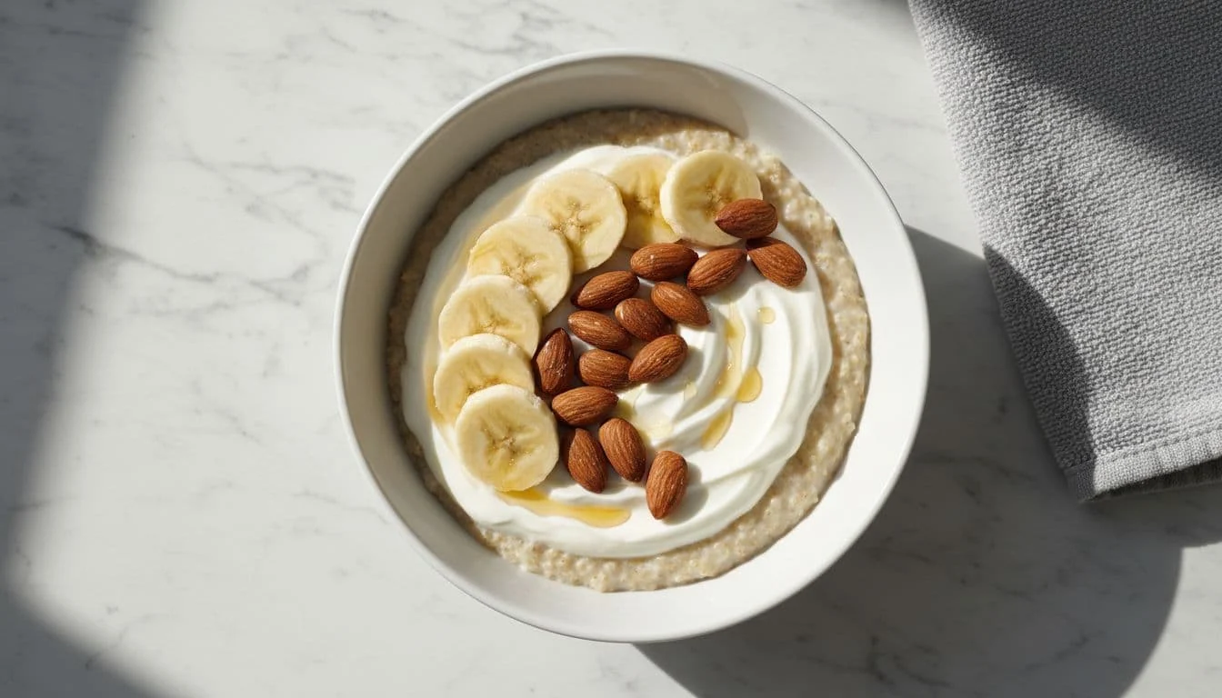 Pre Workout Γεύμα: Τι να Φας Αν Γυμνάζεσαι με Άδειο Στομάχι 3 Bowl of oatmeal topped with yogurt, sliced bananas, and almonds on white marble table with gym towel nearby.