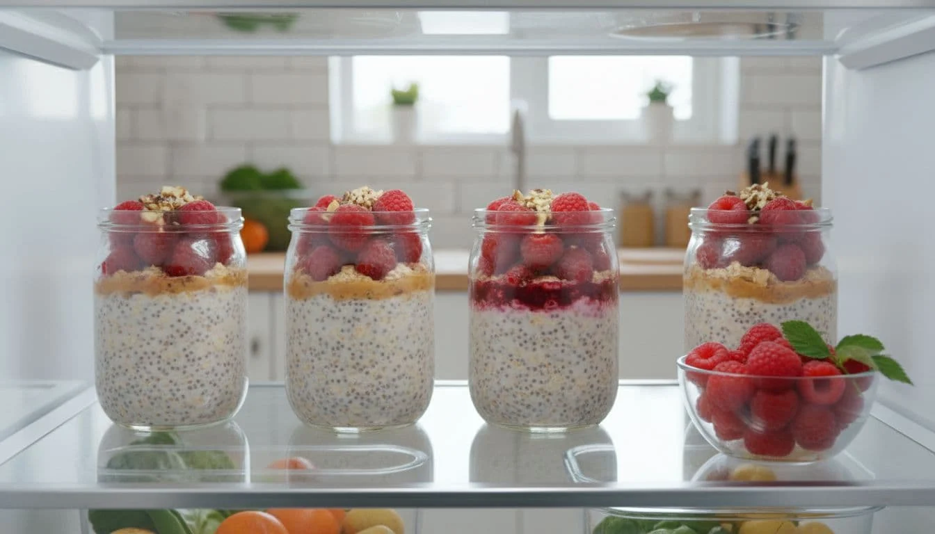 Overnight oats συνταγή με σμέουρα και φυστικοβούτυρο 2 Four glass jars of overnight oats on a fridge shelf with fresh raspberries nearby in a bright clean kitchen.