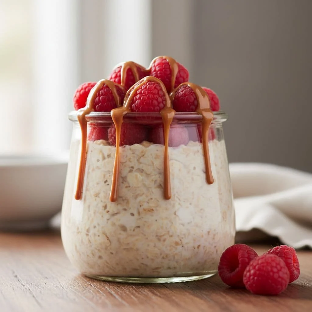 Overnight oats συνταγή με σμέουρα και φυστικοβούτυρο 1 Glass jar of creamy overnight oats topped with fresh raspberries and peanut butter drips on wooden kitchen table.