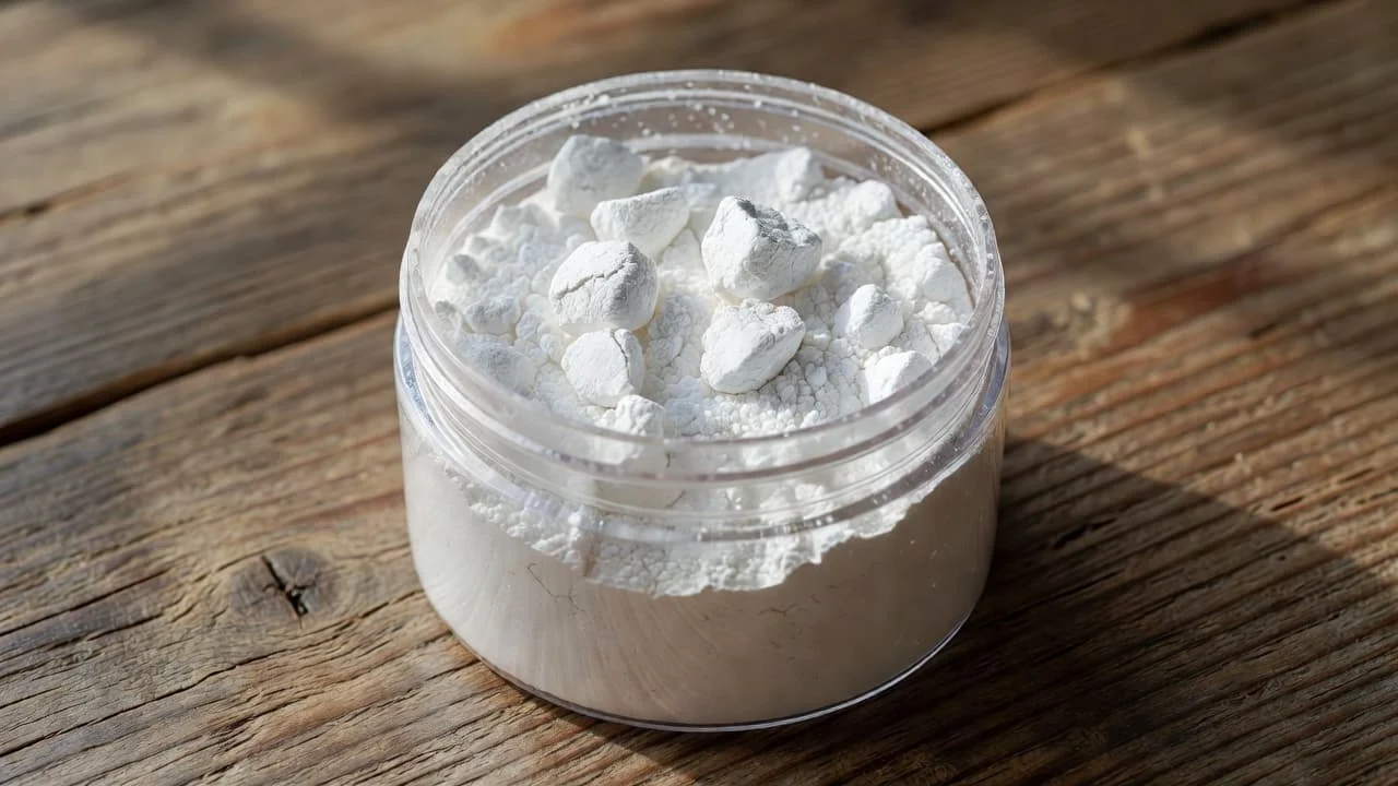 Κιτρουλίνη πετρωμένη: Έχει χαλάσει ή όχι; 1 A plastic container sits on a textured wooden surface, revealing white supplement powder that has hardened into dense, clumped masses. The soft natural light emphasizes the irregular, rocky texture inside.