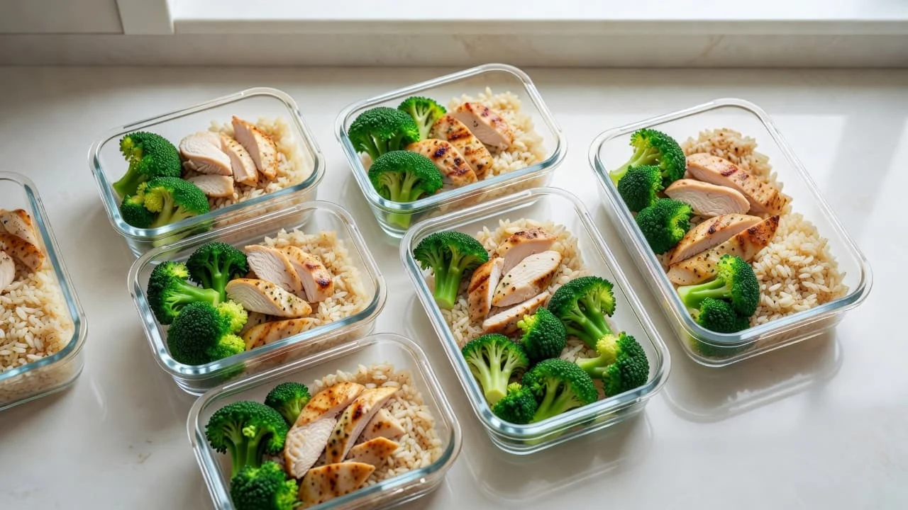 Γεύση και πέψη στη διατροφή για γράμμωση 1 Several clear glass containers sit on a white kitchen counter, each holding a balanced serving of grilled chicken, steamed broccoli, and brown rice. Bright natural light illuminates the fresh ingredients.