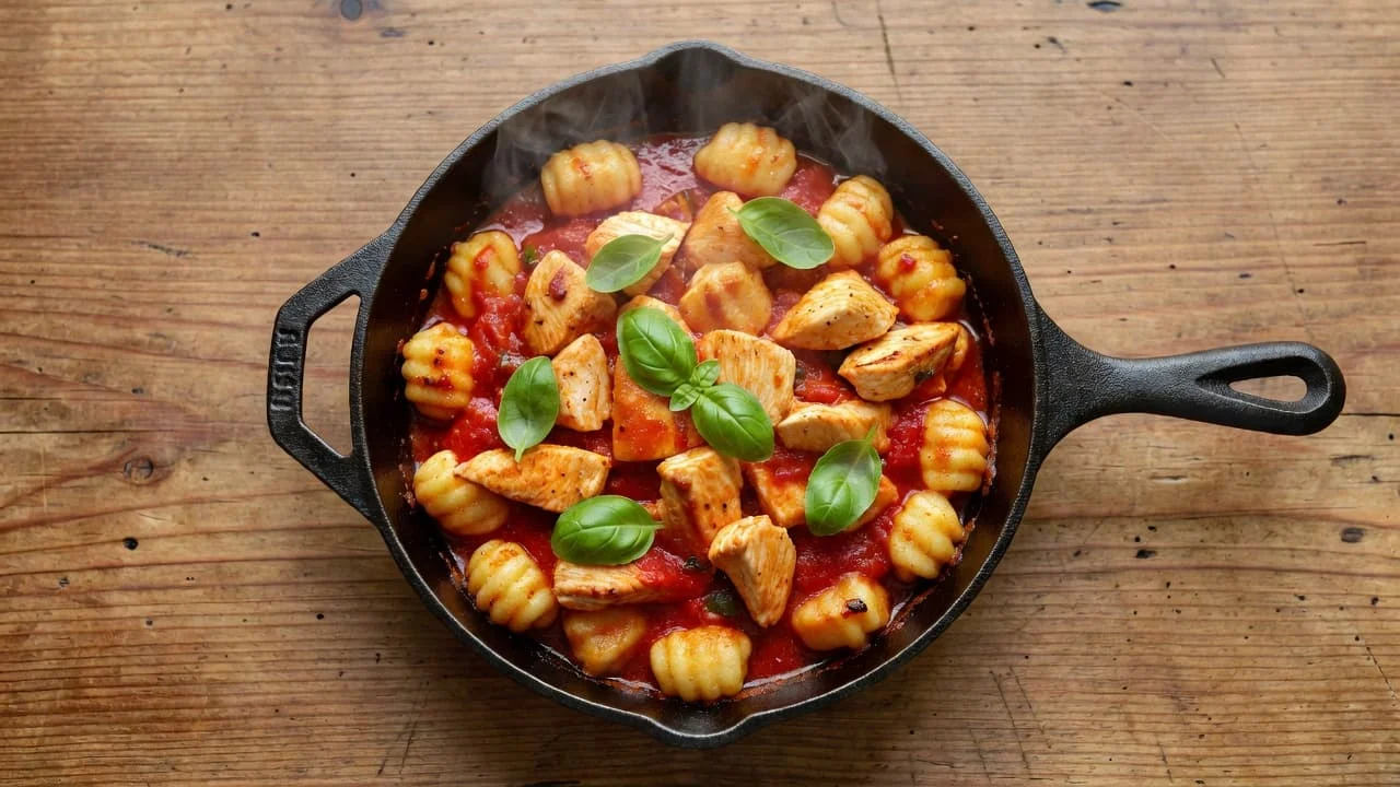 One-Pan Gnocchi με Κοτόπουλο για Γράμμωση 1 Ένα τηγάνι με νιόκι, κοτόπουλο και σάλτσα ντομάτας σε ξύλινη επιφάνεια.