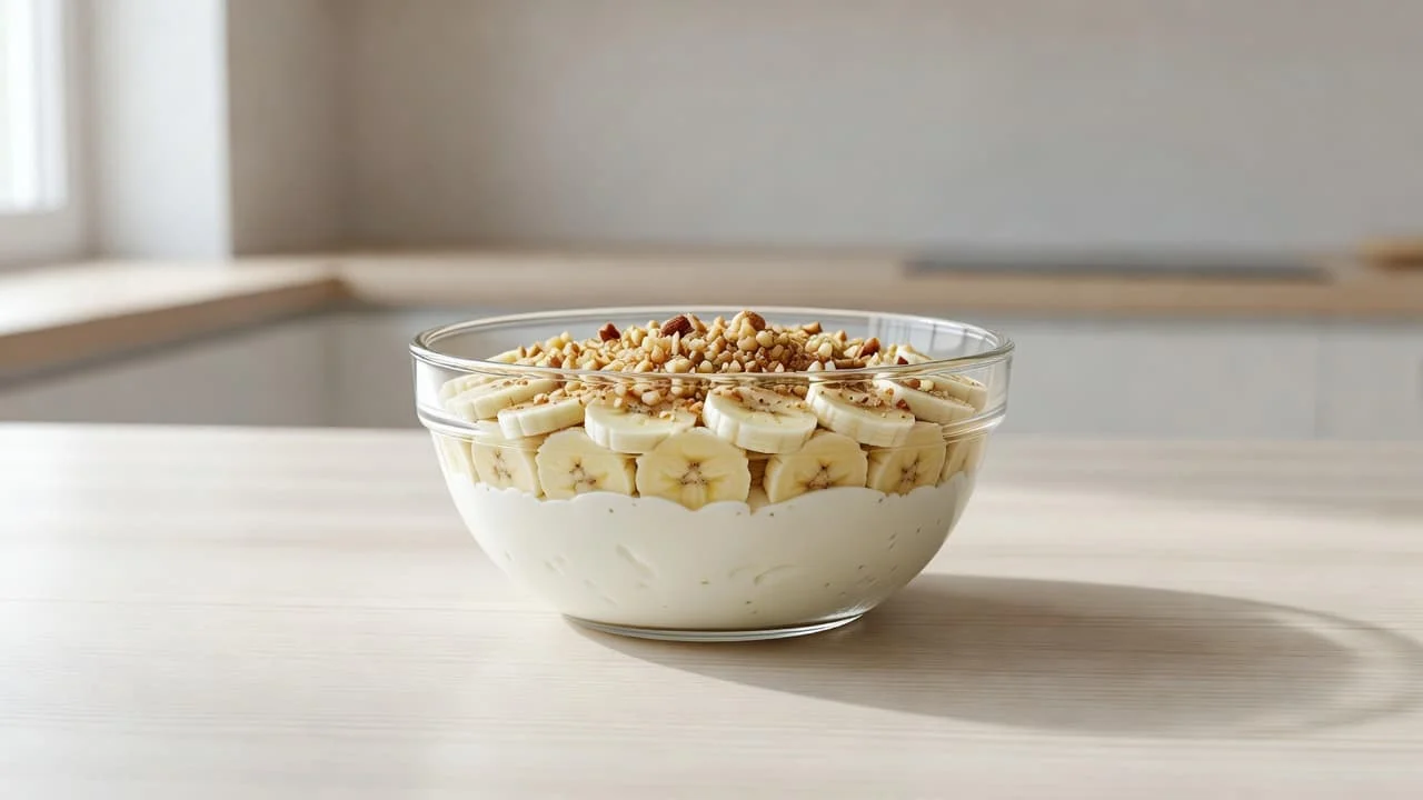 Πρωτεϊνικό παγωτό banoffee με υψηλή πρωτεΐνη 1 Ένα μπολ με στρώσεις από γιαούρτι, φρέσκες φέτες μπανάνας και θρυμματισμένους ξηρούς καρπούς πάνω σε λευκή επιφάνεια. Το φυσικό φως αναδεικνύει την κρεμώδη υφή και τα φρέσκα υλικά του υγιεινού πρωτεϊνικού επιδορπίου.