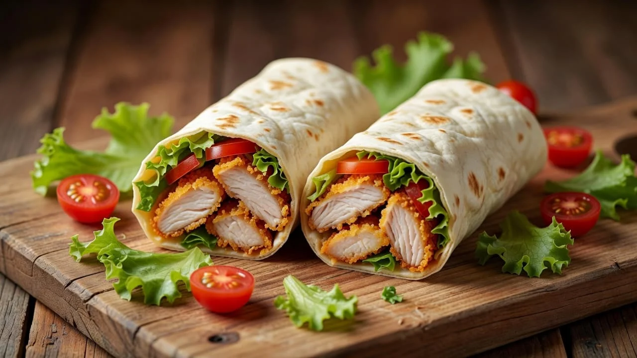 Fitness συνταγή κοτόπουλο τορτίγια με τραγανή κρούστα 1 Κομμένη τραγανή τορτίγια κοτόπουλου σε ξύλινο δίσκο κοπής με λαχανικά.