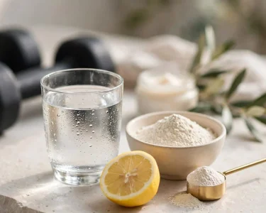Ποτήρι νερό με πεπτίδια κολλαγόνου, λεμόνι και αλτήρες στο φόντο.