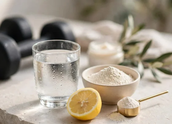Ποτήρι νερό με πεπτίδια κολλαγόνου, λεμόνι και αλτήρες στο φόντο.