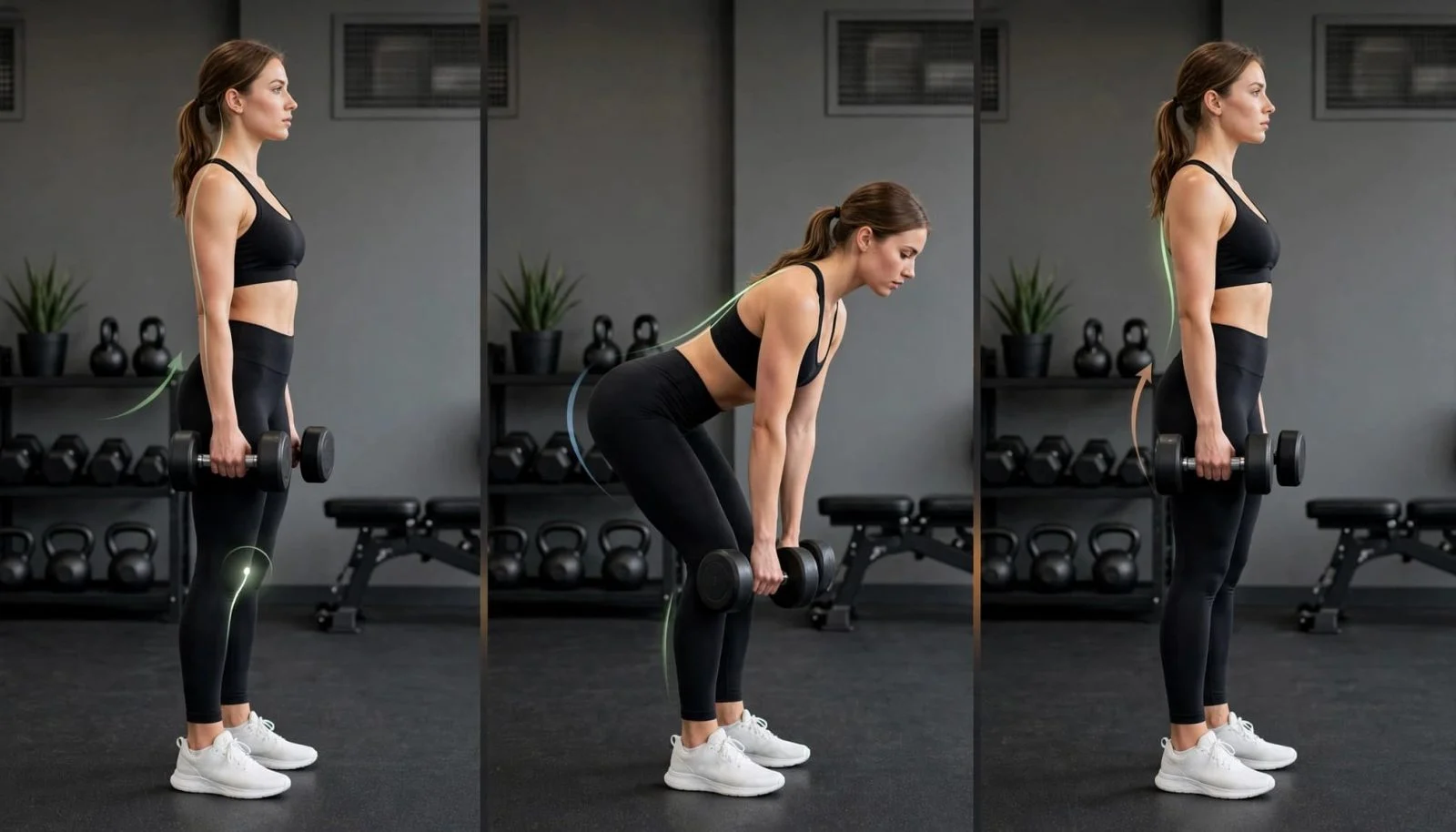 Romanian Deadlift: Τεχνική για Οπίσθιους Μηριαίους και Γλουτούς 2 Τρία στάδια ρουμανικής άρσης με αλτήρες και ουδέτερη πλάτη.