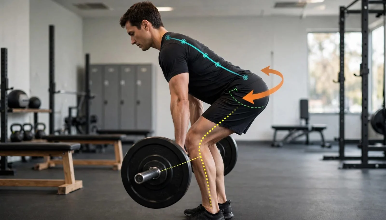 Romanian Deadlift: Τεχνική για Οπίσθιους Μηριαίους και Γλουτούς 1 Άτομο εκτελεί ρουμανική άρση με ουδέτερη πλάτη και τη μπάρα κοντά στα πόδια.