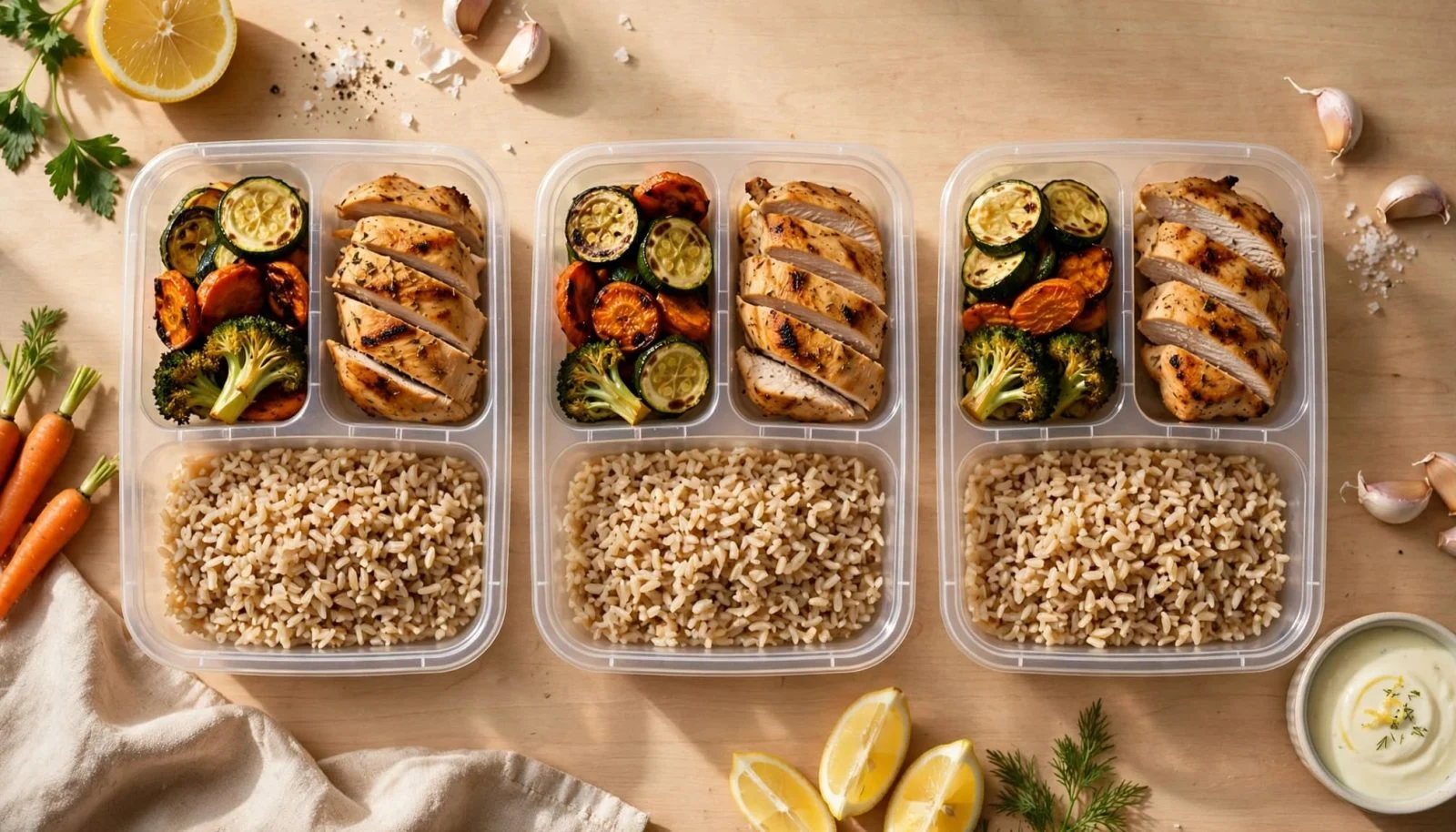 Πέντε αλμυρά γεύματα υψηλής πρωτεΐνης για meal prep 1 Τρία δοχεία με κοτόπουλο, καστανό ρύζι και λαχανικά, μαζί με σος λεμονιού.