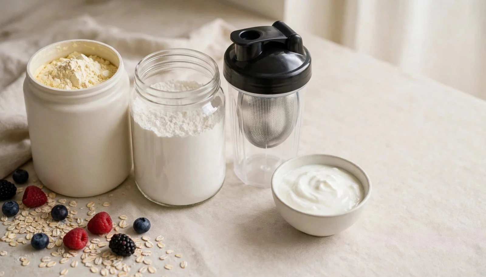 Whey protein vs isolate: τι αξίζει για μυς το 2026; 1 Δύο σκόνες πρωτεΐνης δίπλα σε σέικερ, γιαούρτι και μούρα στον πάγκο κουζίνας.