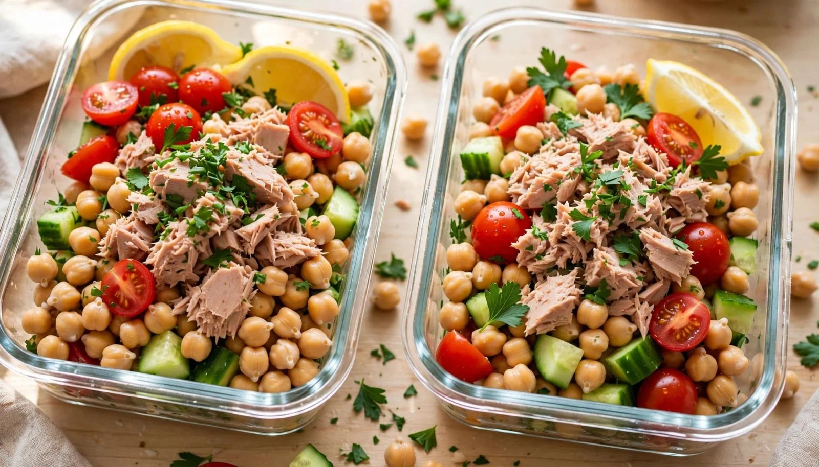 Πέντε αλμυρά γεύματα υψηλής πρωτεΐνης για meal prep 2 Δύο γυάλινα δοχεία με σαλάτα τόνου, ρεβίθια, λαχανικά και λεμόνι.